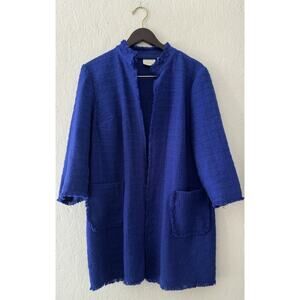 Chico's Tweed Jacket Womens Size 2 Blue Open Front Coat Frayed Edges Textured